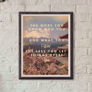 Może przedstawiać: Wydrukowany obraz w ramie z motywacyjnym cytatem o samopoznaniu i puszczaniu tego, co nas denerwuje. Cytat umieszczono na tle gór i kwitnących wiśni. Cytat brzmi: "Im bardziej wiesz, kim jesteś i czego chcesz, tym mniej pozwalasz, by rzeczy cię denerwowały."