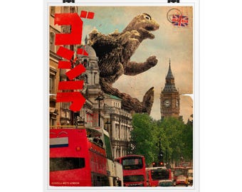 Godzilla meets London - Godzilla meets Cities Series - Vintage Style Magazine / Retro Print / London Print  / Ship to USA / CANADA