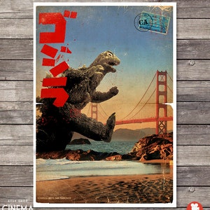May include: A vintage-style poster featuring Godzilla standing on a beach in front of the Golden Gate Bridge. The poster has a red Japanese text that says "Godzilla" and the words "Godzilla Meets San Francisco" at the bottom.
