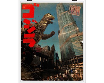 Godzilla meets Chicago - Godzilla meets United States Cities Series - Vintage Retro Print / Chicago Print / Ship to USA / CANADA