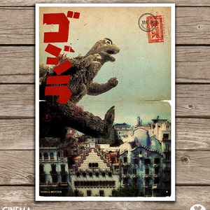 K&ouml;nnte beinhalten: Ein Vintage-Poster mit Godzilla, einem riesigen Monster, das auf eine Stadt trampelt. Das Poster hat einen roten und wei&szlig;en japanischen Titel, "Godzilla", und einen Stempel mit der Aufschrift "Barcelona".