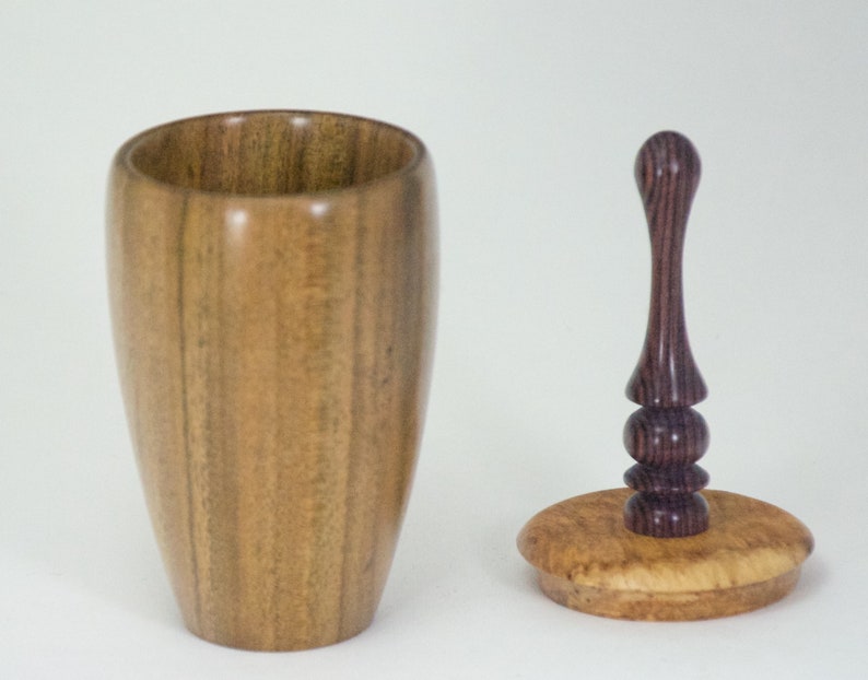 with removable lid of Maidou Burl and Kingwood Rosewood Lidded vessel turned from Canarywood
