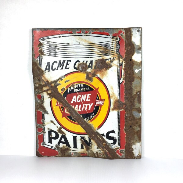 Antique Porcelain Acme Paints Sign 1930s Porcelain Advertising Sign Acme Paints Flanged Sign Acme Paint Can Porcelain Sign