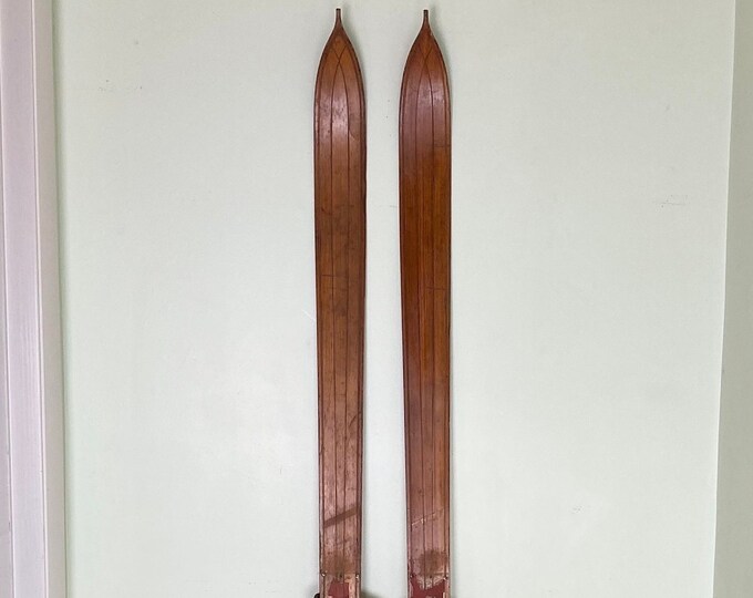 Antique Wooden Skis Pine Wood 1930s Primitive Rustic Cabin Decor Skis