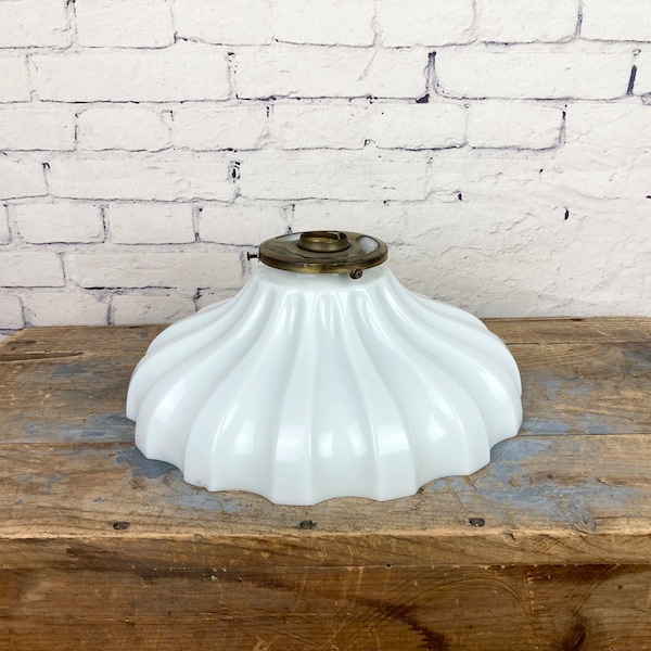 Antique Large Milk Glass Crinkle Shade with Hunbell Brass Clip 1910s