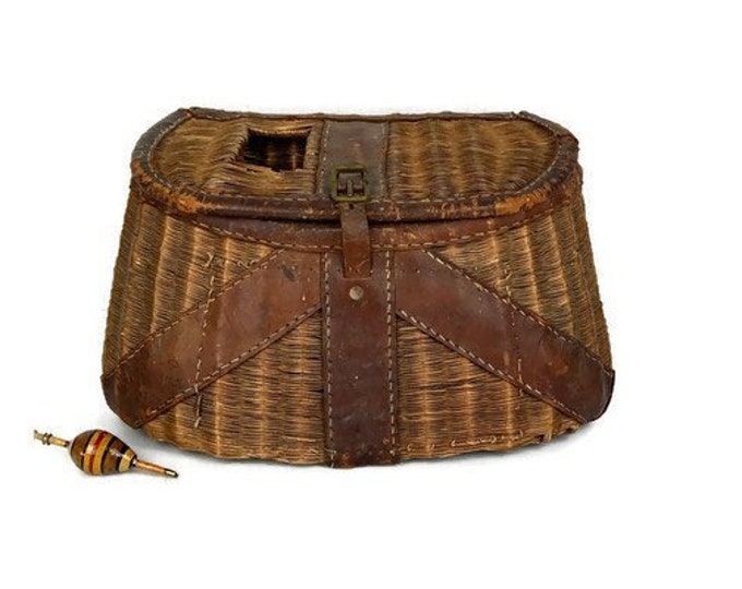 Antique Fishing Creel 1910s Leather Wicker Large Fishing Creel Etsy