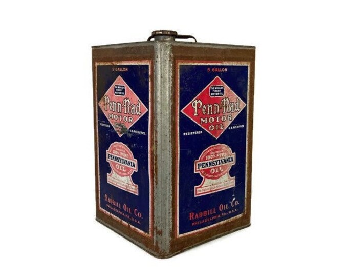 Antique Penn Rad Five Gallon Square Motor Oil Can 1930s Radbill Oil Co ...