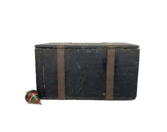 Antique Copper Banded Wood Crate - Rustic Strongbox with Handles