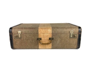 Vintage Tweed Suitcase Large Striped Suitcase 1950s Luggage Suitcase