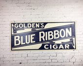 Large Vintage Cigar Sign 1940s Goldens Blue Ribbon Cigar Cardboard Sign Blue and White Sign