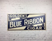 Large Vintage Cigar Sign 1940s Goldens Blue Ribbon Cigar Cardboard Sign Blue and White Sign