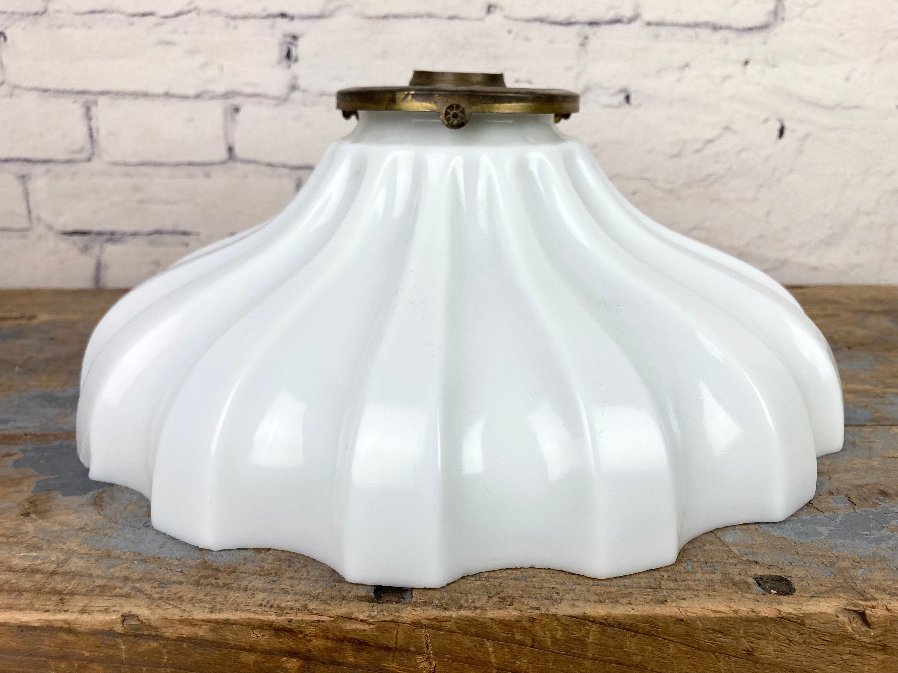 Antique Large Milk Glass Crinkle Shade With Hunbell Brass