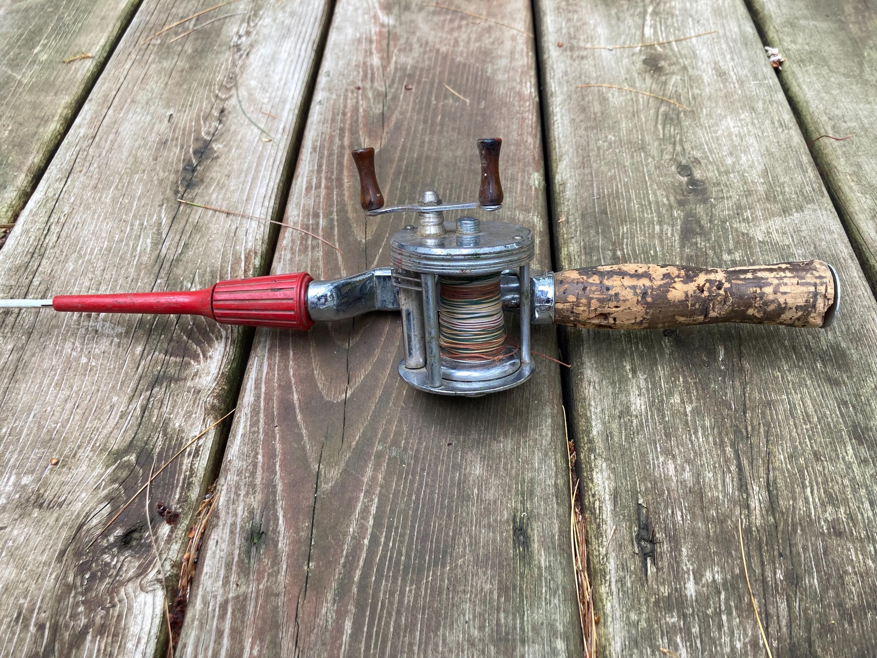 antique thumb release reel fishing pole 1940's wood rod with Pfluger Sal-Trout Southern Adirondack ReStore Antique Fishing Rod True Bakelite