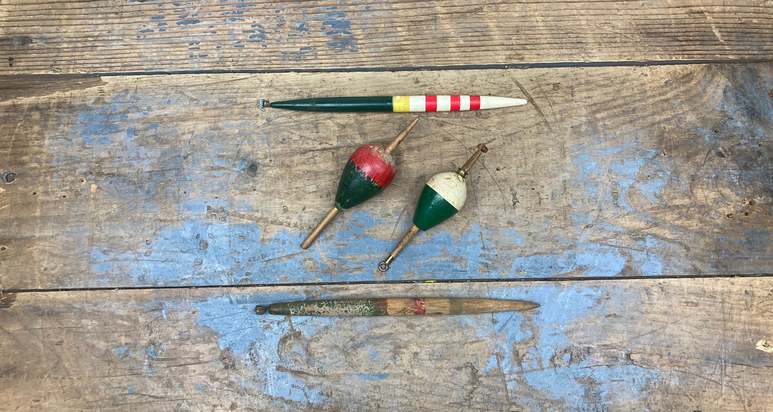 Antique Wood Painted Fishing Bobbers 1940s Rustic Wooden Bobbers