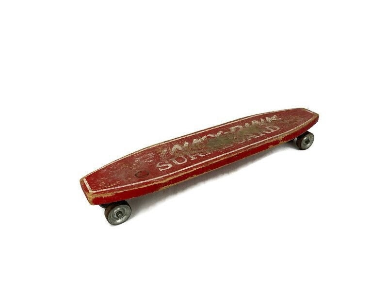 Vintage 1960s Red Super Surfer Covina CA Wood Skateboard W/ 