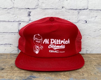 Vintage GMC Trucks Hat Oldsmobile Hat Red and White Trucker 1990s