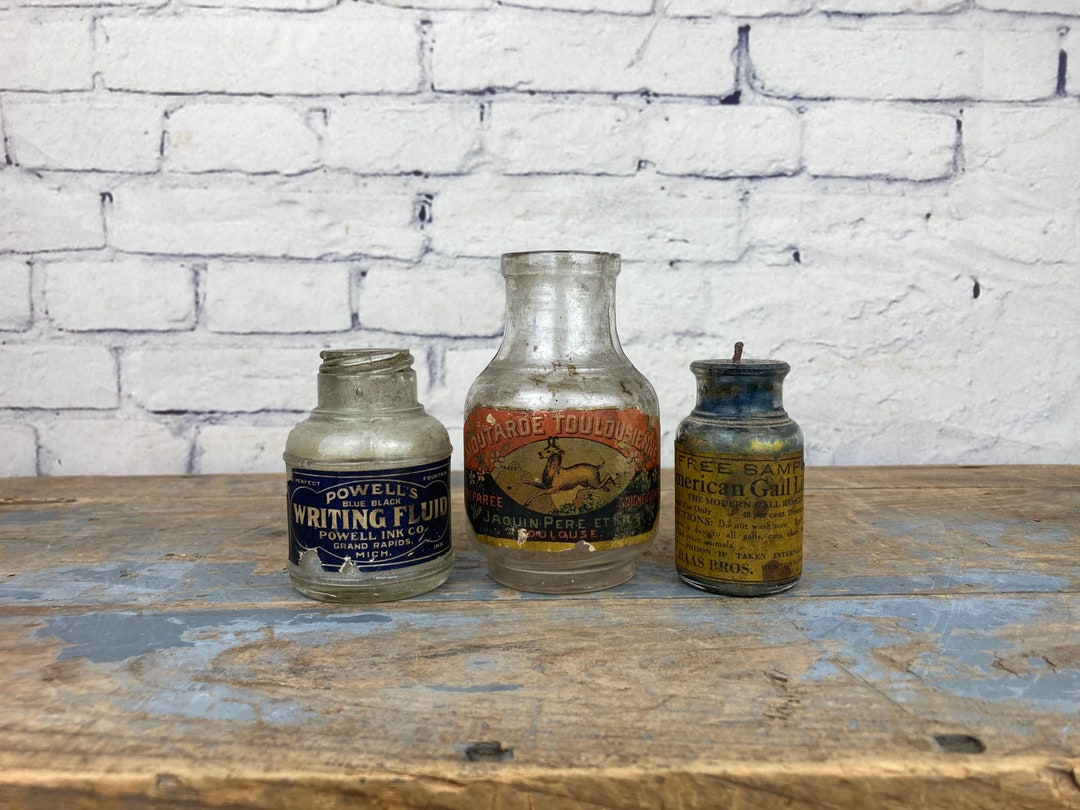 Antique Glass Ink Bottles Set of Three Etsy