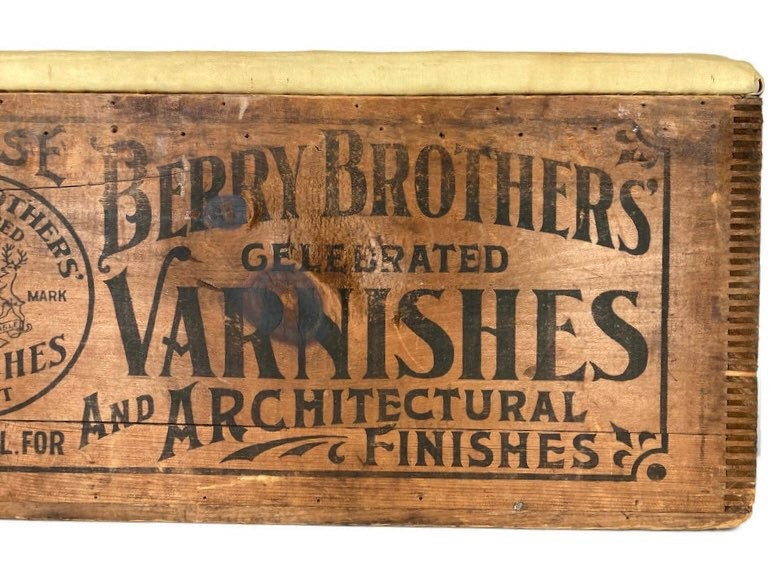 Lot - THREE WOOD ADVERTISING OBJECTS, including a Wilson's Whiskey crate,  13 x 17 inches; Berry Brothers Varnishes box; and a Gold Dust Twi.