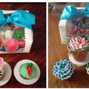 Könnte beinhalten: Zwei Geschenkboxen mit blauen Schleifen. Die Box auf der linken Seite enthält eine Auswahl an Süßigkeiten und Leckereien. Die Box auf der rechten Seite enthält einen Cupcake, der wie eine Topfpflanze dekoriert ist.