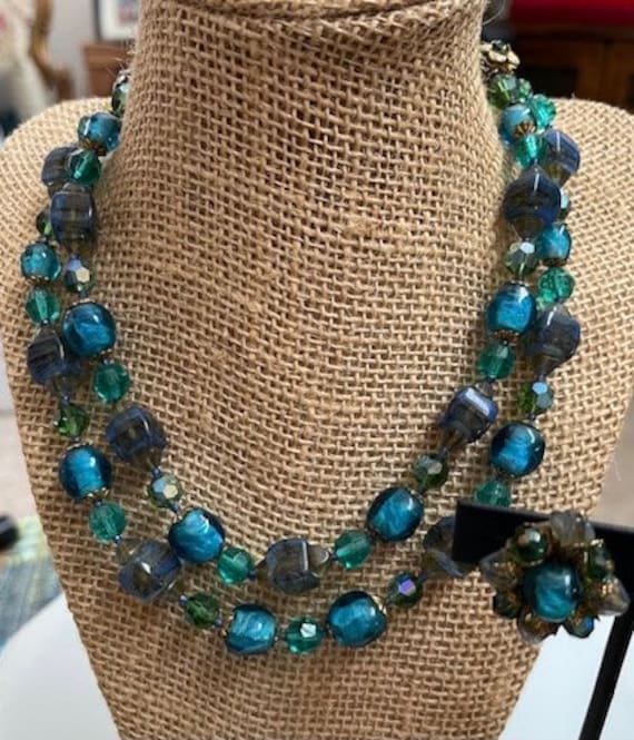 Necklace vintage beautiful blue green and zircon … - image 1