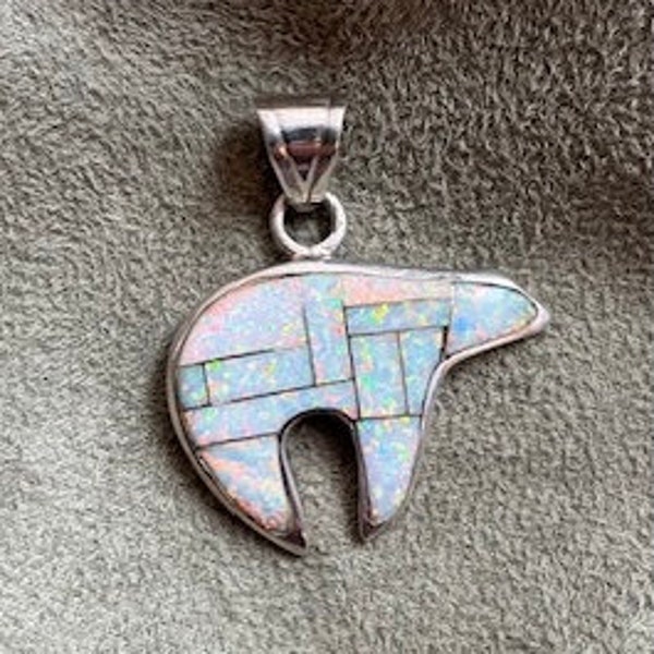 Bear pendant, Navajo, lab grown inlaid Opal sterling silver, stamped GS for Glenn Sandoval, 1.75” long x 1.50” wide.