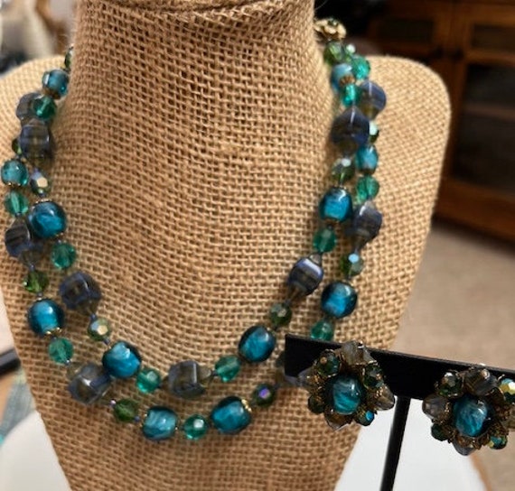 Necklace vintage beautiful blue green and zircon … - image 5