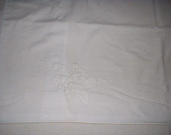 Antique White Pillow Sham: Trapunto Embroidery Floral Sprays, Hemstitched Pillowcase