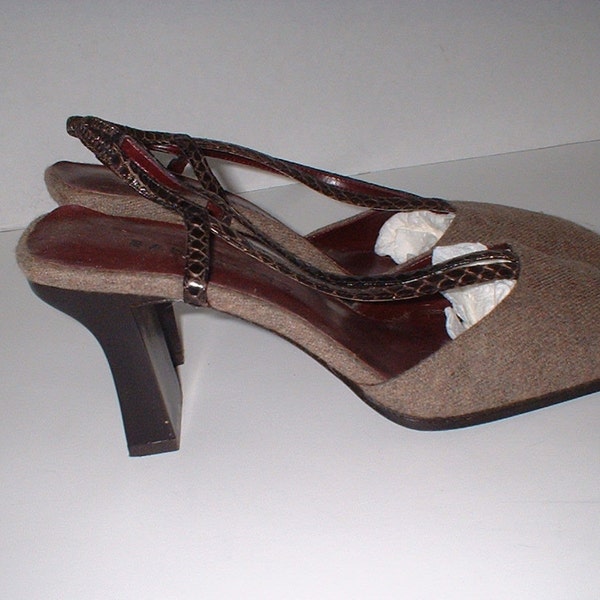 BANDOLINO Brown Wool & Snakeskin Strap Slingbacks Pumps Heels Shoes Size 7.5 M