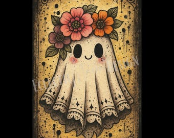 Söt spöke PNG, Boho Halloween Clipart, | Spöke med blommor, Vintage Spooky Estetik, Sublimeringsdesign, Transparent PNG, Digital Nedladdning