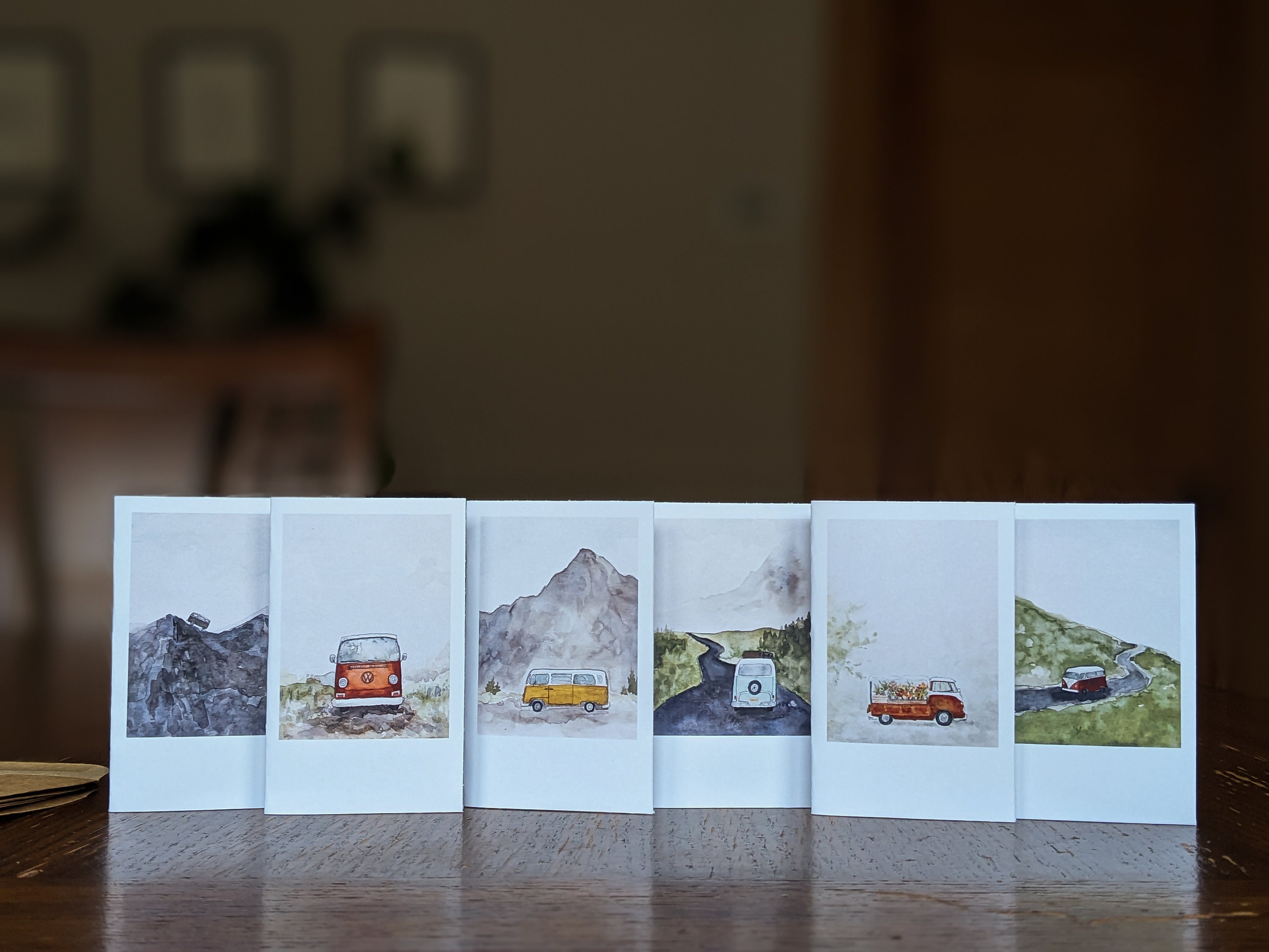 Set of 6 Mini Cards With Envelopes VW Van Polaroid Paintings Kraft Envelopes  Blank Watercolor Cards 