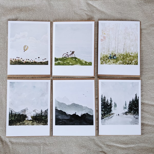 6 Cards With Envelopes | Travel Polaroid Paintings | Kraft Envelopes | Blank Watercolor Cards