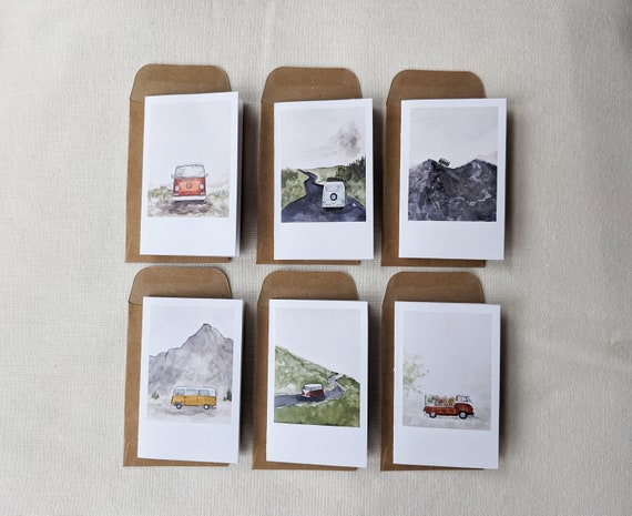 Set of 6 Mini Cards With Envelopes VW Van Polaroid Paintings Kraft Envelopes  Blank Watercolor Cards 