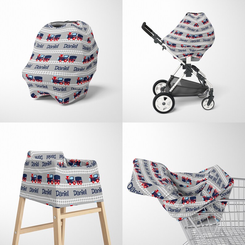 Personalized Train Baby Car Seat Canopy Cover Custom Name Shopping Cart Or Highchair Cover For Boys Mom Nursing Privacy Cover