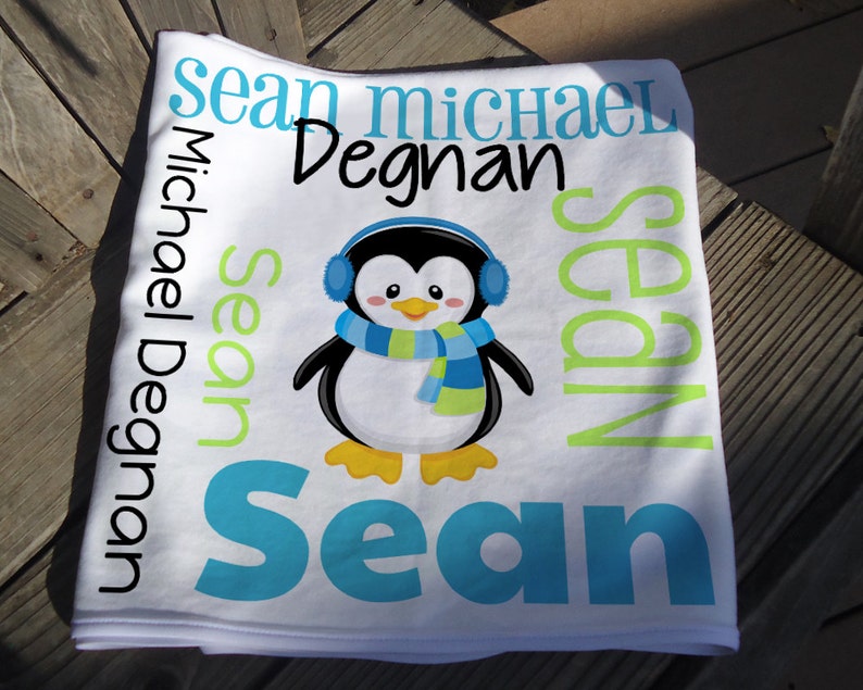 Boy Penguin Receiving Blanket Newborn Swaddling Blanket Baby Photo Prop Custom Name Baby Blanket Personalized Penguin Baby Blanket