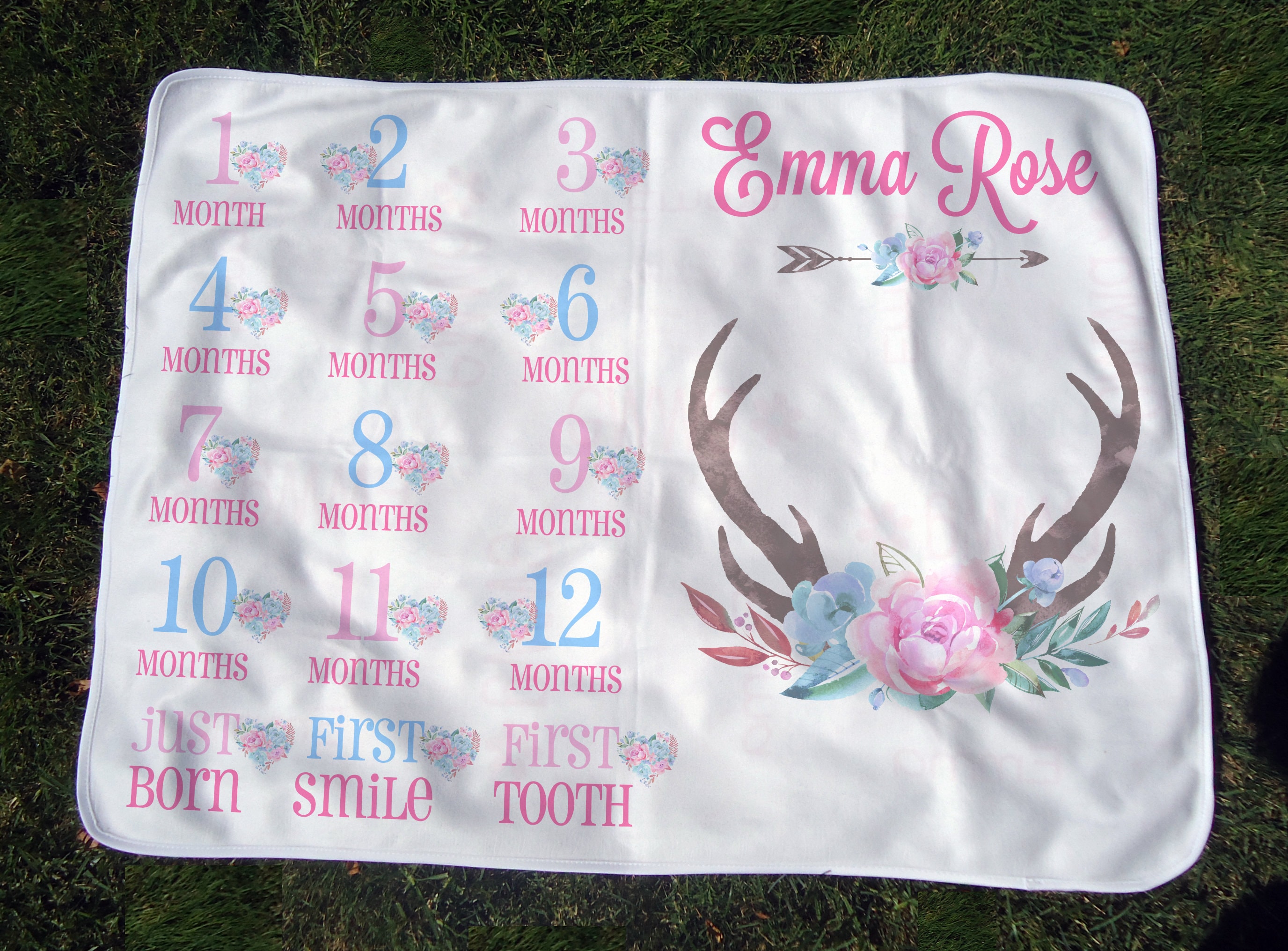 Personalized Milestone Baby Blanket w/ Antlers and Flowers Etsy