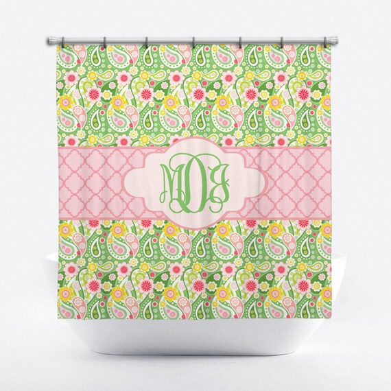 Monogrammed Shower Curtain Pink And Green Paisley Etsy