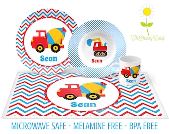 Construction Plate Set - Personalized Kids Plate, Bowl, Mug & Placemat - Boys' Truck Dinnerware - Custom Kids' Tableware - Microwave Safe