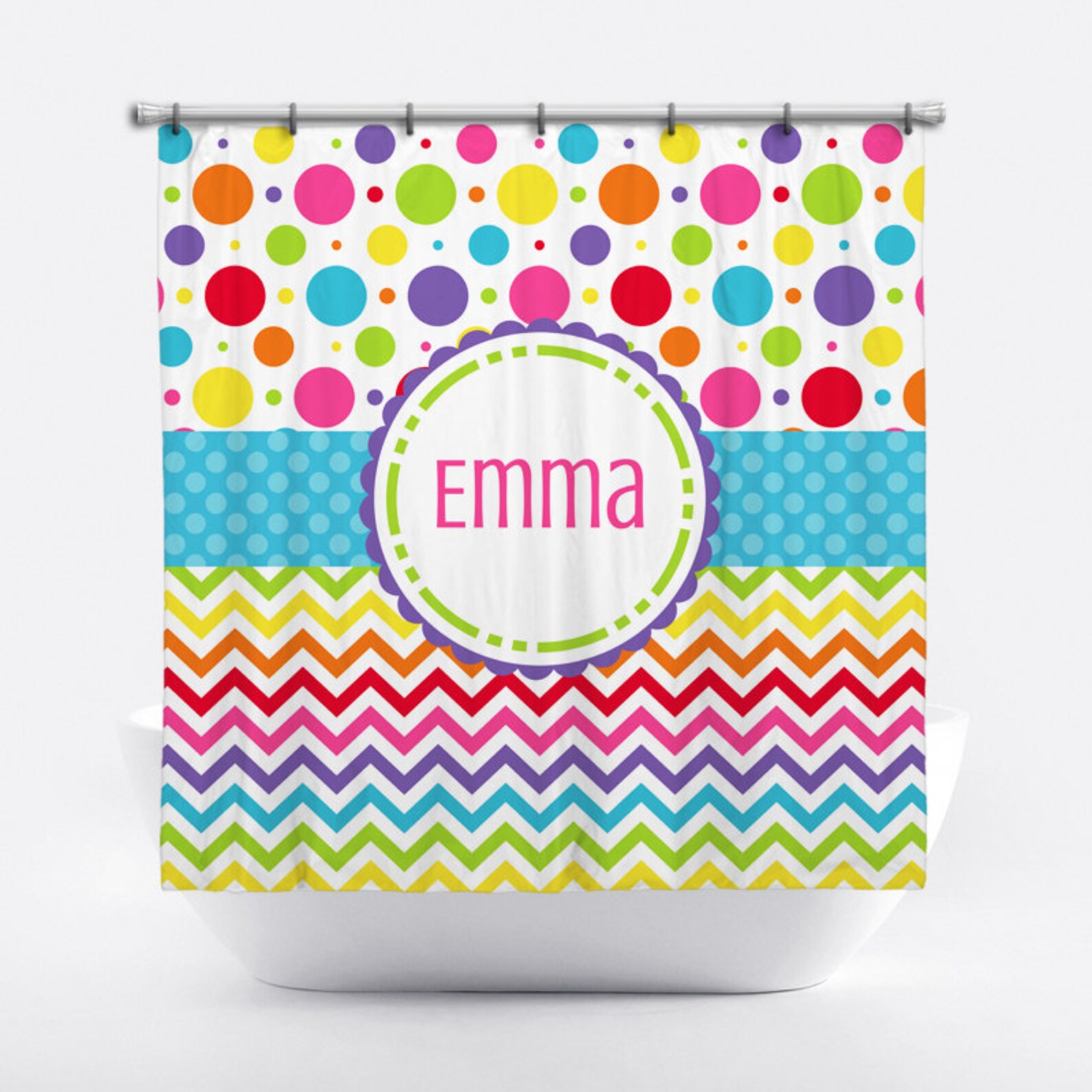 Personalized Rainbow Shower Curtain With Chevron & Polka Dots Etsy