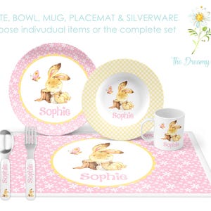 Personalized Bunny Dinnerware Set for Kids - Pink Bunny Plate Set - Custom Kids&#39; Tableware for Girls