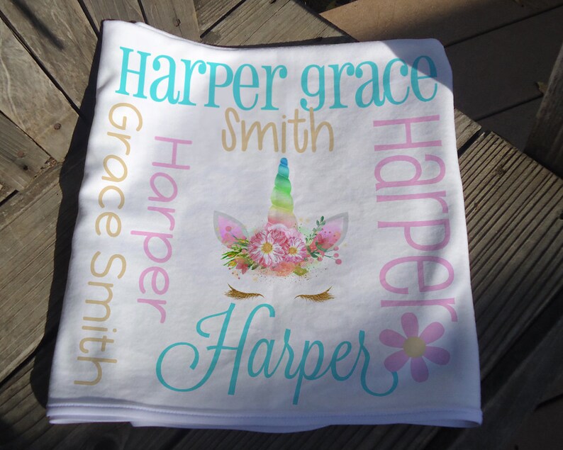 Personalized Unicorn Face Baby Blanket Photo Prop Newborn Swaddling Blanket Monogram Receiving Blanket for Girls Custom Name Blanket