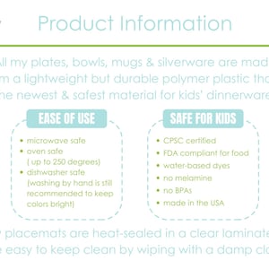 Pu&ograve; includere: Informazioni sul prodotto per piatti, ciotole, tazze e posate realizzate in plastica polimerica leggera ma resistente. Il testo evidenzia che i prodotti sono adatti per microonde, forno e lavastoviglie. Indica anche che i prodotti sono certificati CPSC, conformi alla FDA per gli alimenti, realizzati con coloranti a base d'acqua e privi di melamine e BPA. Il testo &egrave; in un riquadro blu chiaro con un contorno bianco.