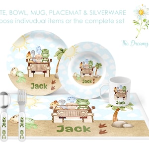 Personalized Dino Truck Dinnerware Set for Kids - Dinosaur Plate Set - Custom Kids&#39; Tableware for Boys