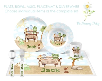 Personalized Dino Truck Dinnerware Set for Kids - Dinosaur Plate Set - Custom Kids' Tableware for Boys