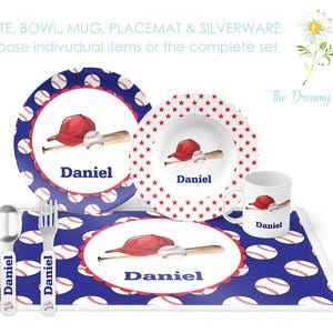 May include: A blue and red baseball-themed children's dinnerware set with a plate, bowl, mug, placemat, and silverware. The set features a baseball cap, bat, and ball design with the name "Daniel" personalized on each piece.