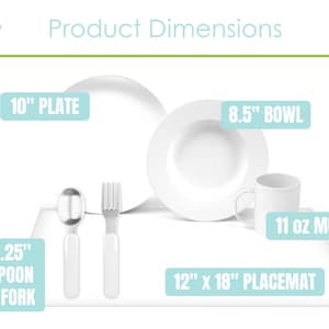 Pu&ograve; includere: Un piatto bianco da 25,4 cm, una ciotola bianca da 21,6 cm e una tazza bianca da 310 ml sono disposti su un sottopiatto bianco con un cucchiaio e una forchetta da 13,3 cm. Il sottopiatto misura 30,5 cm per 45,7 cm.