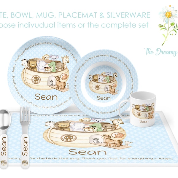 Personalized Noah's Ark Dinnerware Set for Babies - Noah's Ark Plate Set - Custom Kids' Tableware for Boys - Boy Baptism Gift