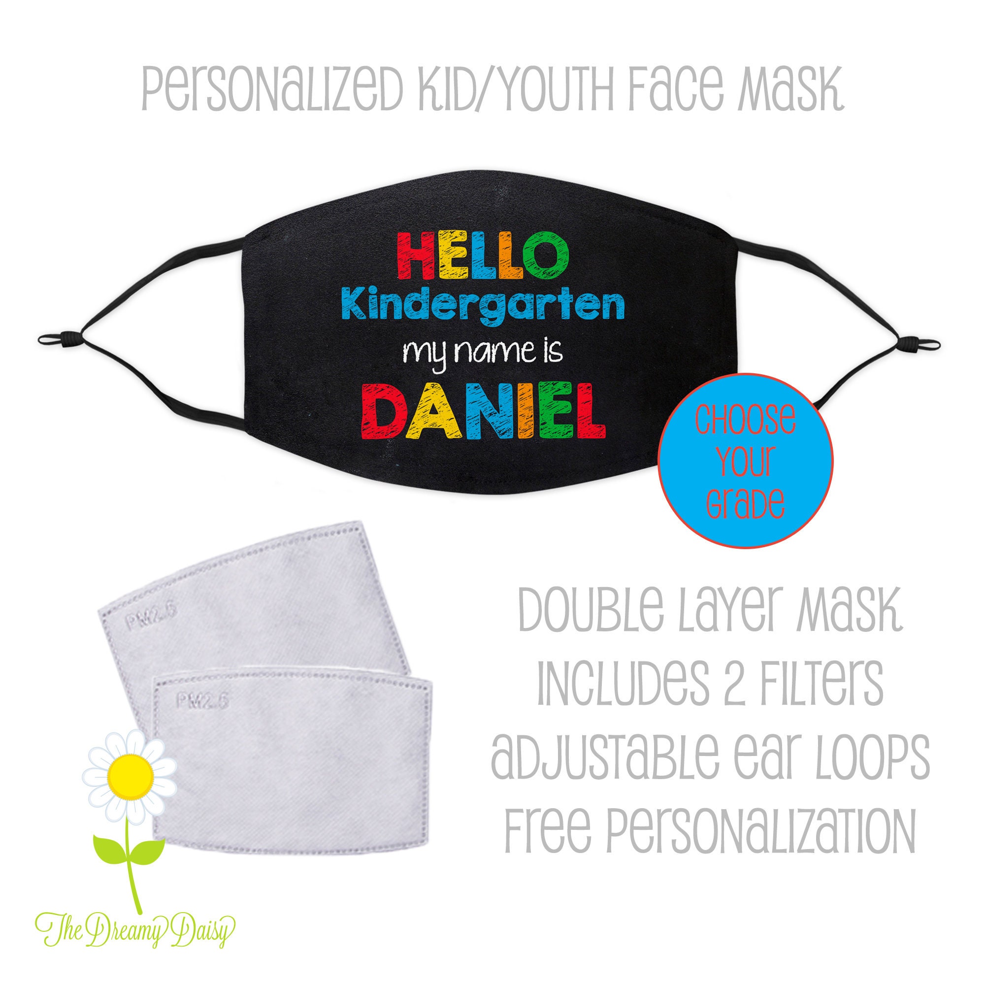 Kindergarten Face Mask Personalized with Name - Custom Chalkboard Kid…