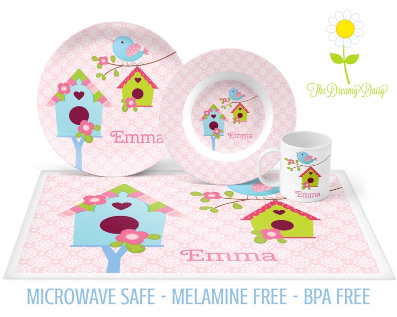Custom Tableware Personalized Dinnerware Little Bird Plate Set Microwave Safe Mug /& Placemat Personalized Birdhouse Plate Bowl