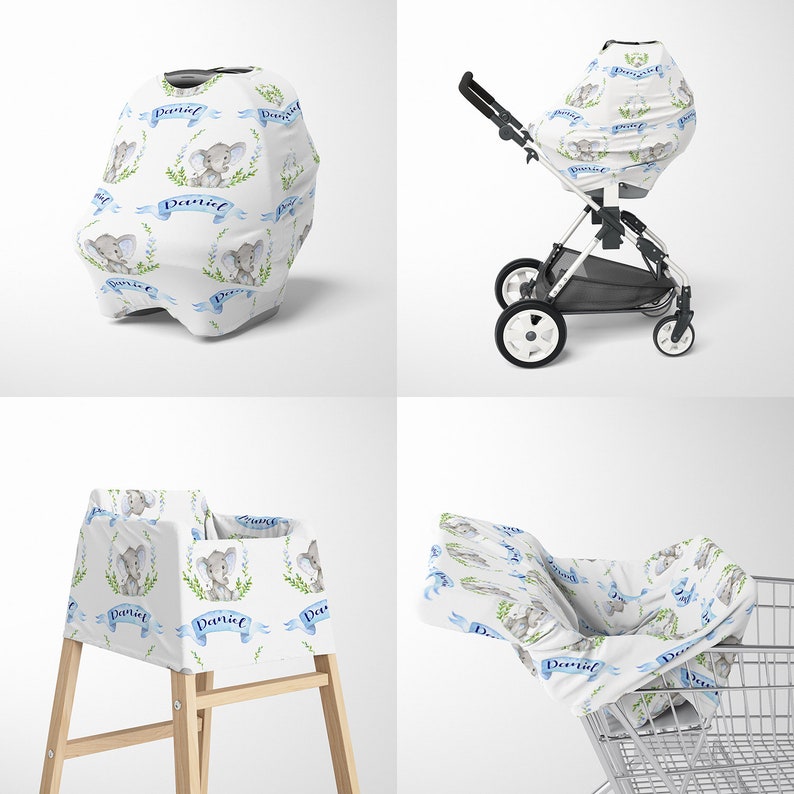 Personalized Elephant Baby Car Seat Canopy Cover Custom Name Image 0