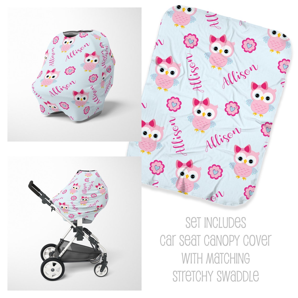 Personalized Owl Baby Car Seat Canopy Cover & Stretchy Swaddle Etsy